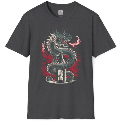 Dark heather t-shirt flatlay showing oriental art dragon, sake bottle, and red sakura flowers.