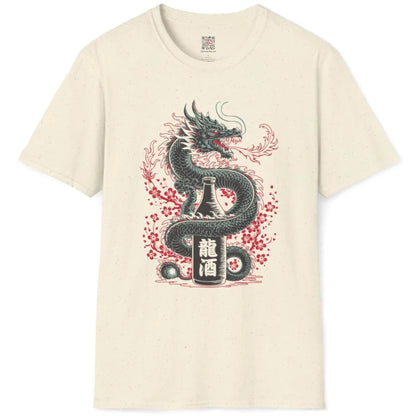 Natural t-shirt flatlay with detailed Japanese dragon, sake bottle, and cherry blossom art.