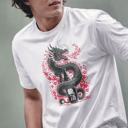 Male model wears white t-shirt with Japanese dragon, sake bottle, and cherry blossom art.