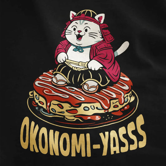Funny cat in samurai armor sitting on okonomiyaki, black fabric close-up, vibrant cartoon style.