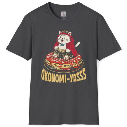 Dark heather t-shirt flatlay, samurai cat on okonomiyaki, cartoonish style, bold colors.