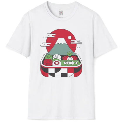 White t-shirt flatlay with Japanese bento box, Mount Fuji, and checkered pattern accents.