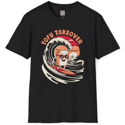 Black t-shirt flatlay with colorful tofu surfing graphic, pop art shirt style, and playful summer vibe.