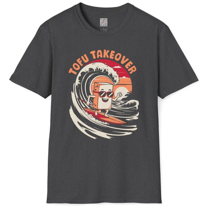 Dark heather shirt flatlay showing energetic tofu surfing design, cultural fusion, and aquatic aesthetic.