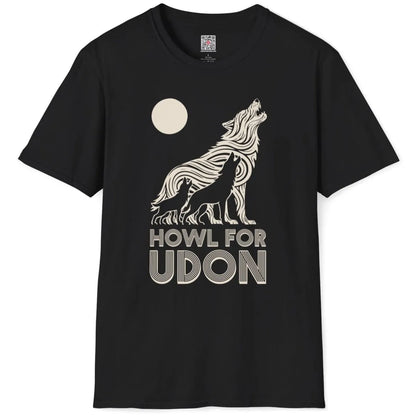 Black t-shirt flatlay featuring three howling wolves, udon noodle wolf, bold typography, japanese t-shirts.