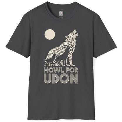 Dark heather t-shirt flatlay with three howling wolves, udon noodle wolf, bold typography, rustic charm.