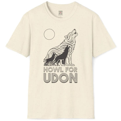 Natural t-shirt flatlay with three howling wolves, udon noodle wolf, bold typography, minimalist font.