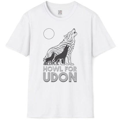 White t-shirt flatlay with three howling wolves, udon noodle wolf, bold typography, contrast art.