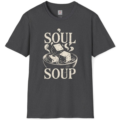 Dark heather t-shirt flatlay, "SOUL SOUP" miso soup bowl, artisanal font, japanese t-shirts, cozy atmosphere.