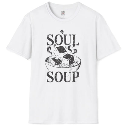 White t-shirt flatlay with "SOUL SOUP" miso soup bowl, tofu cubes, minimalist font, cozy atmosphere.