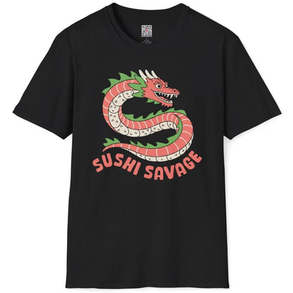 Black t-shirt flatlay, sushi dragon made of sushi rolls, "SUSHI SAVAGE" text, sushi t-shirt.