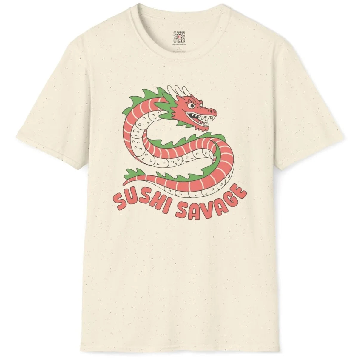 Natural t-shirt flatlay, sushi dragon illustration, "SUSHI SAVAGE" text, sushi art, sushi shirt.