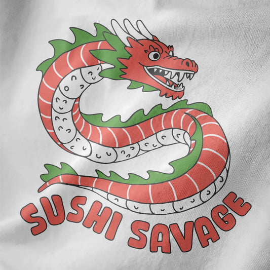 Sushi dragon illustration with "SUSHI SAVAGE" text on white fabric, sushi shirt, dragon design t shirt.