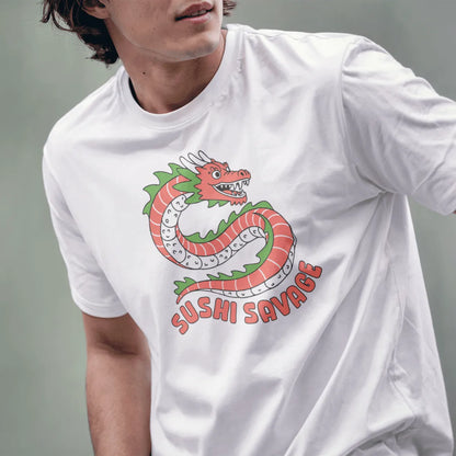 Male model in white t-shirt with sushi dragon, "SUSHI SAVAGE" text, sushi shirt, japanese t-shirts.