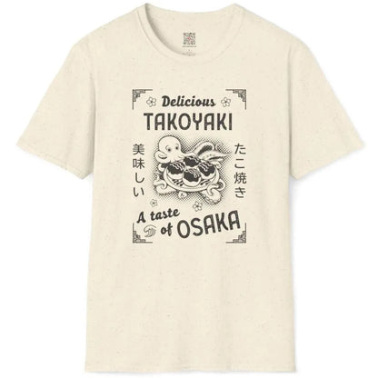 Natural t-shirt flatlay with retro octopus design, takoyaki balls, and Japanese t-shirt charm.