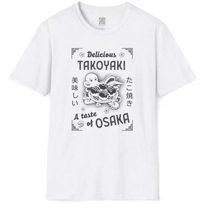 White t-shirt flatlay with bold “Delicious TAKOYAKI” typography, octopus, and cultural symbols.