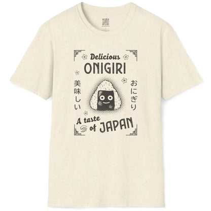 Onigiri illustration and floral motifs on natural shirt flatlay, japan aesthetic clothes, foodie style.