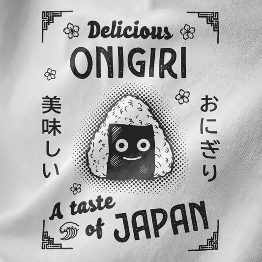 Onigiri rice ball with cute face and "Delicious ONIGIRI" text on white fabric, foodie style, japanese shirts.