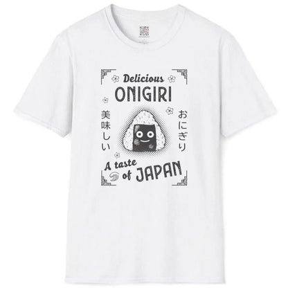 Onigiri rice ball and Japan text on white t-shirt flatlay, japanese t-shirts, foodie style.