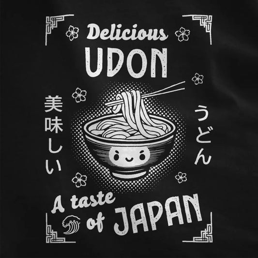 Whimsical udon noodle bowl and bold text design on black t-shirt fabric, japanese graphic shirts, comfort food.