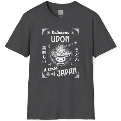 Dark heather t-shirt flatlay with playful udon design, bold text, and Japanese decorative elements, japan shirts.