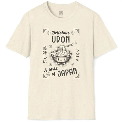 Natural t-shirt flatlay showing whimsical udon bowl, floral motifs, and Japanese characters, japanese t-shirts.