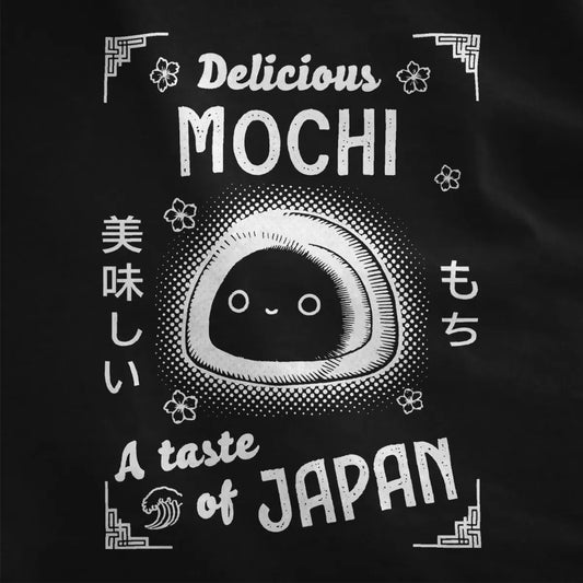 Playful mochi design with bold "Delicious MOCHI" text on black fabric, japanese graphic tees, japan shirts.
