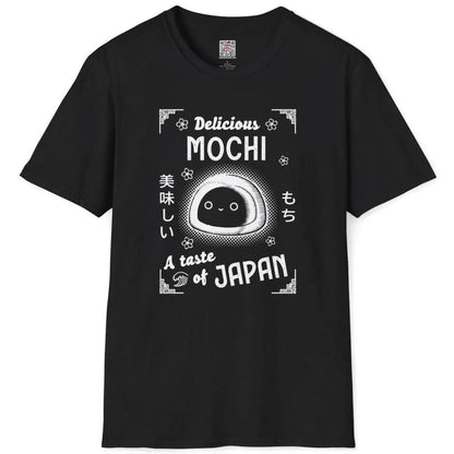 Black flatlay t-shirt featuring cheerful mochi graphic and "A taste of JAPAN," japanese t shirts.