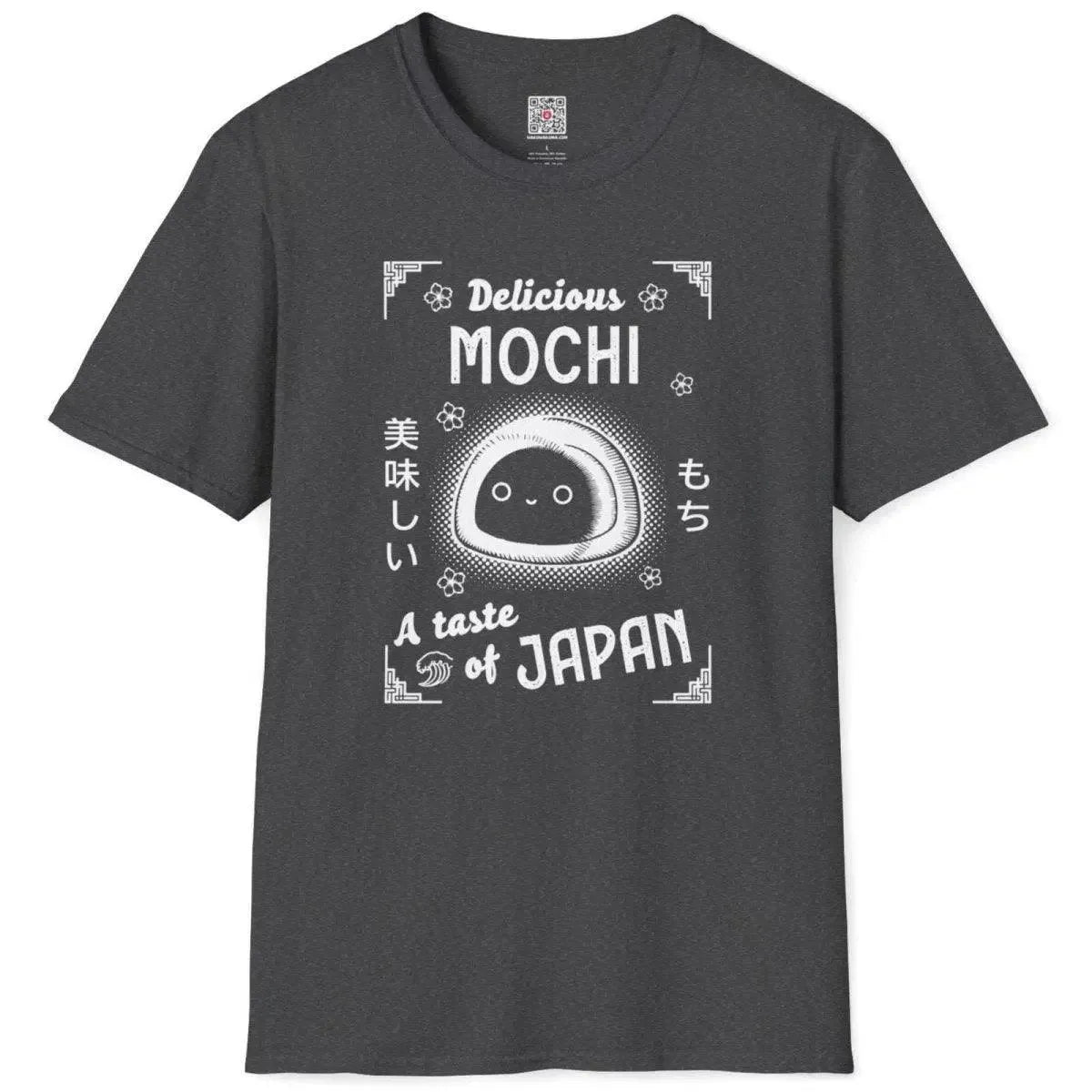 Dark heather flatlay tee with mochi character and traditional Japanese motifs, japanese text shirt.
