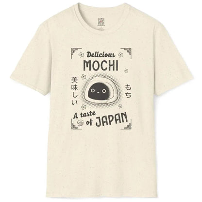 Natural flatlay t-shirt with sweet mochi design, cute eyes, and elegant floral details, japanese shirts.