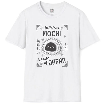 White flatlay t-shirt with kawaii mochi, bold lettering, and floral accents, japan cultural clothing.