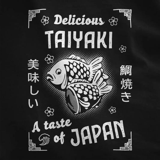 Taiyaki fish dessert design with bold text and floral accents on black fabric, japan shirts, kawaii clothes.
