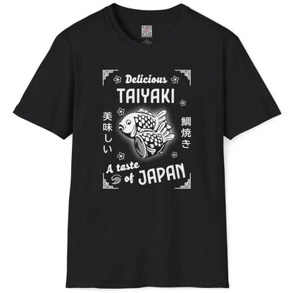 Black flatlay t-shirt with vibrant taiyaki and cherry blossom motifs, japanese graphic tees, foodie style.
