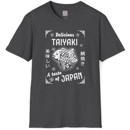 Dark heather flatlay tee with playful taiyaki design and floral details, japanese shirts, kawaii clothes.