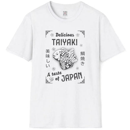 White flatlay t-shirt featuring detailed taiyaki, bold fonts, and Japanese characters, japan cultural clothing.