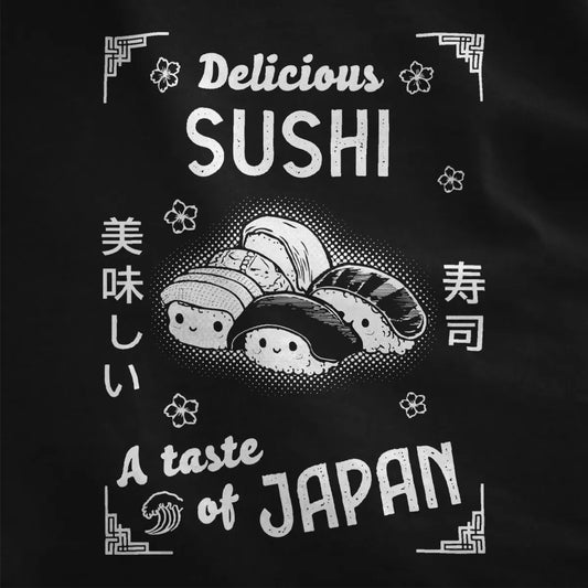 Black shirt close-up with bold sushi graphic, floral wave accents, and Japanese text, japanese shirts, symbolism japan.