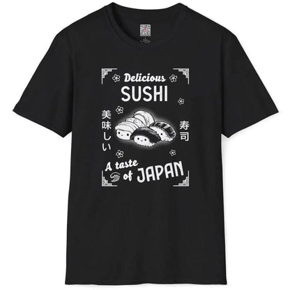 Flat black t-shirt with sushi trio, stylized font, and Japanese motifs, t shirt design graphic, japanese t shirt.