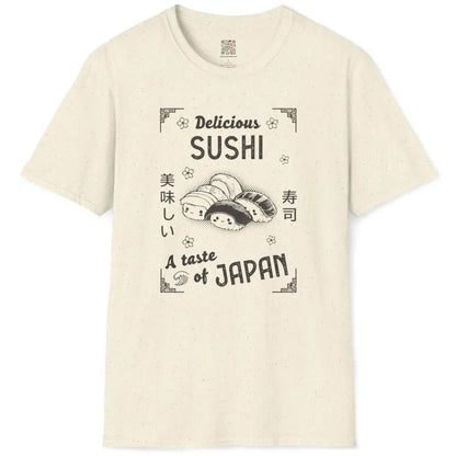 Flat natural shirt with colorful sushi trio, Japanese characters, and floral wave border, japanese shirts.