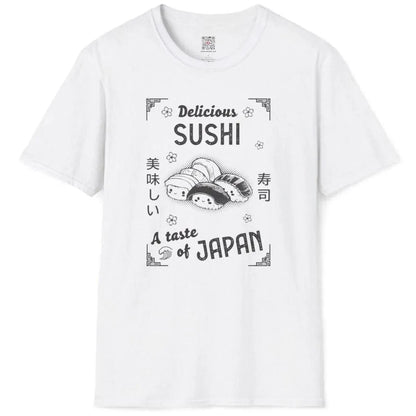 Flat white t-shirt with sushi rolls, “A taste of JAPAN” curve, and floral patterns, japanese graphic tees, foodie style.