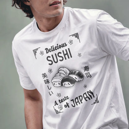 Male model in white sushi t-shirt with playful “Delicious SUSHI” design, japan aesthetic clothes, japanese text shirt.