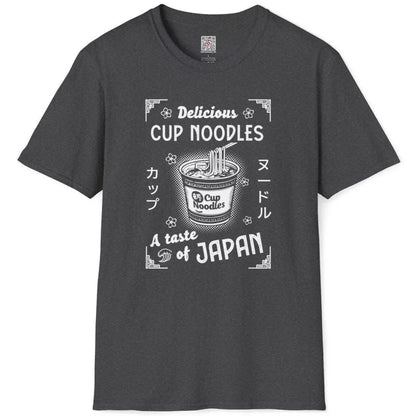 Flat dark heather shirt with cup noodles, stylized font, and floral wave border, japan cultural clothing.