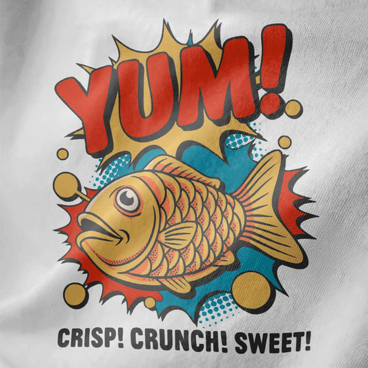 Cartoon taiyaki fish cake with "YUM!" text on white fabric, japanese t-shirts, junk food shirt.