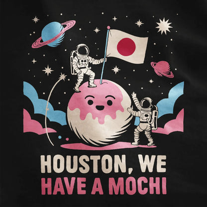 Cartoon mochi planet with astronauts and Japanese flag on black t-shirt, cosmic design, humorous quote.