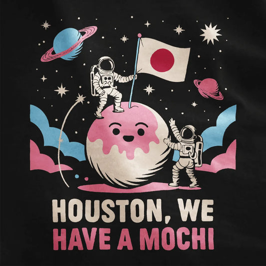 Cartoon mochi planet with astronauts and Japanese flag on black t-shirt, cosmic design, humorous quote.