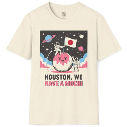 Natural flatlay t-shirt with playful mochi planet, astronauts, and Japanese flag, whimsical illustration.
