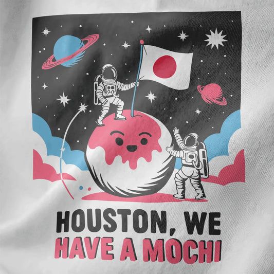 Cartoon mochi planet with astronauts and Japanese flag on white t-shirt, cosmic design, humorous quote.