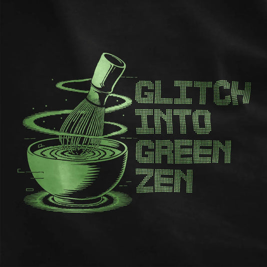 Green matcha bowl with bamboo whisk and glitch effect on black t-shirt, japanese t-shirts, cyberpunk shirt.