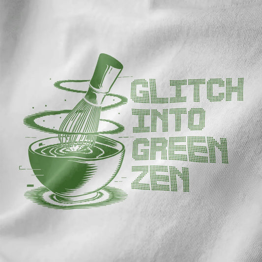 Green matcha bowl with bamboo whisk and glitch effect on white t-shirt, japanese t-shirts, modern chic.