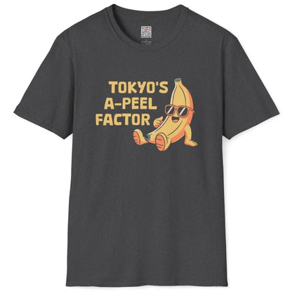 Dark heather flatlay t-shirt with playful banana, sunglasses, and modern font, japanese t-shirts.