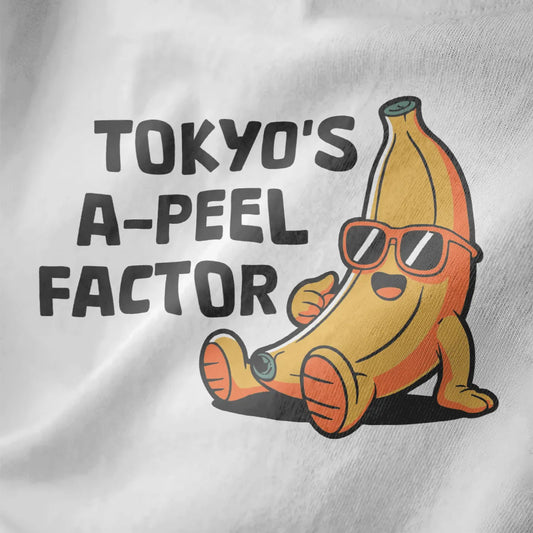 Playful banana with sunglasses and thumbs-up on white t-shirt, japanese t-shirts, tokyo banana.